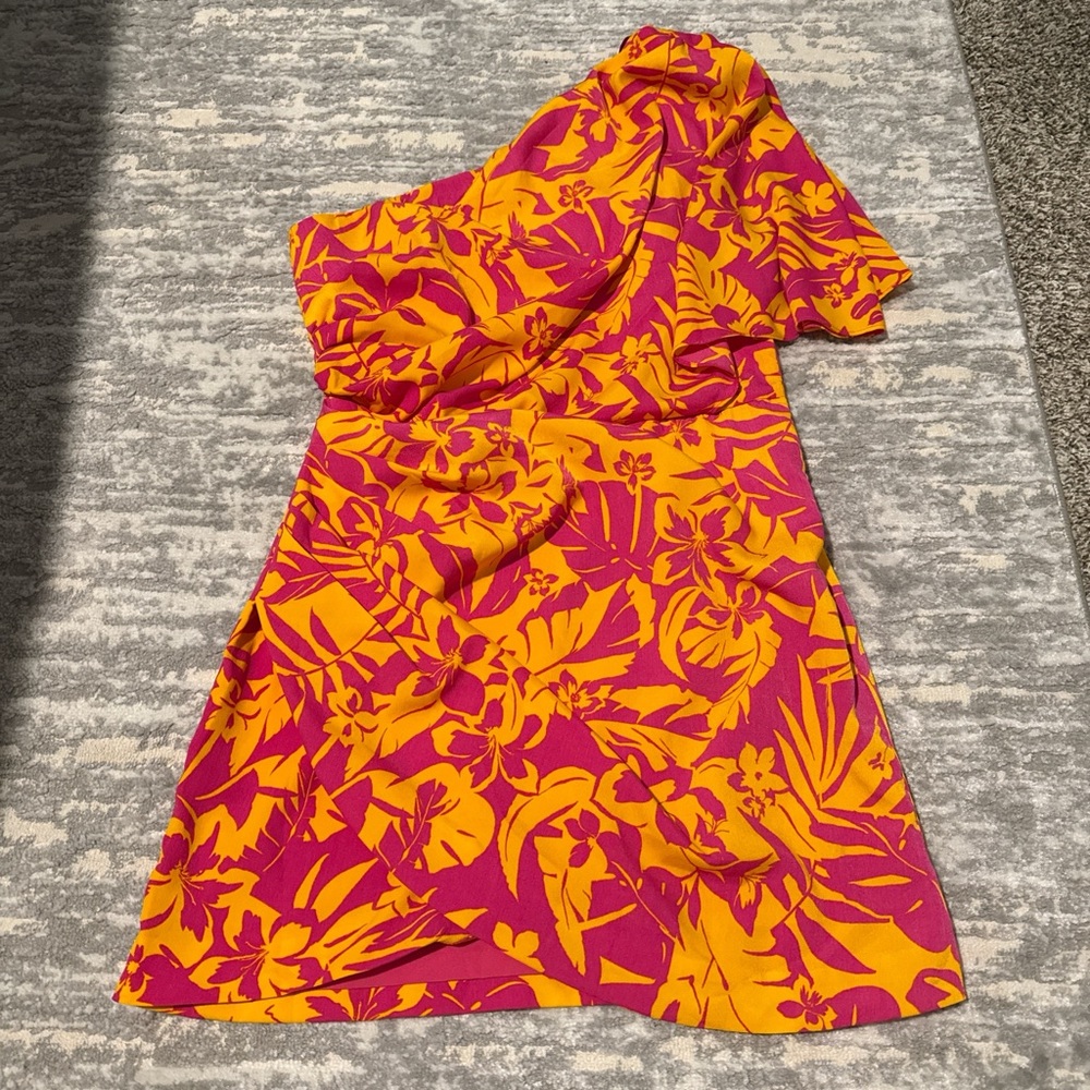 Vibrant Pink and Yellow Floral One-Shoulder Top